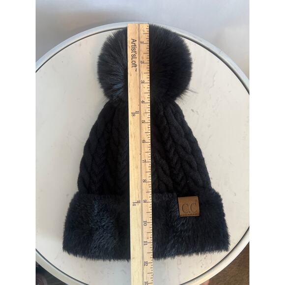 C.C. Cable Knit Beanie with a Faux Fur Pom-Pom and Cuff Black one Size - Picture 9 of 10